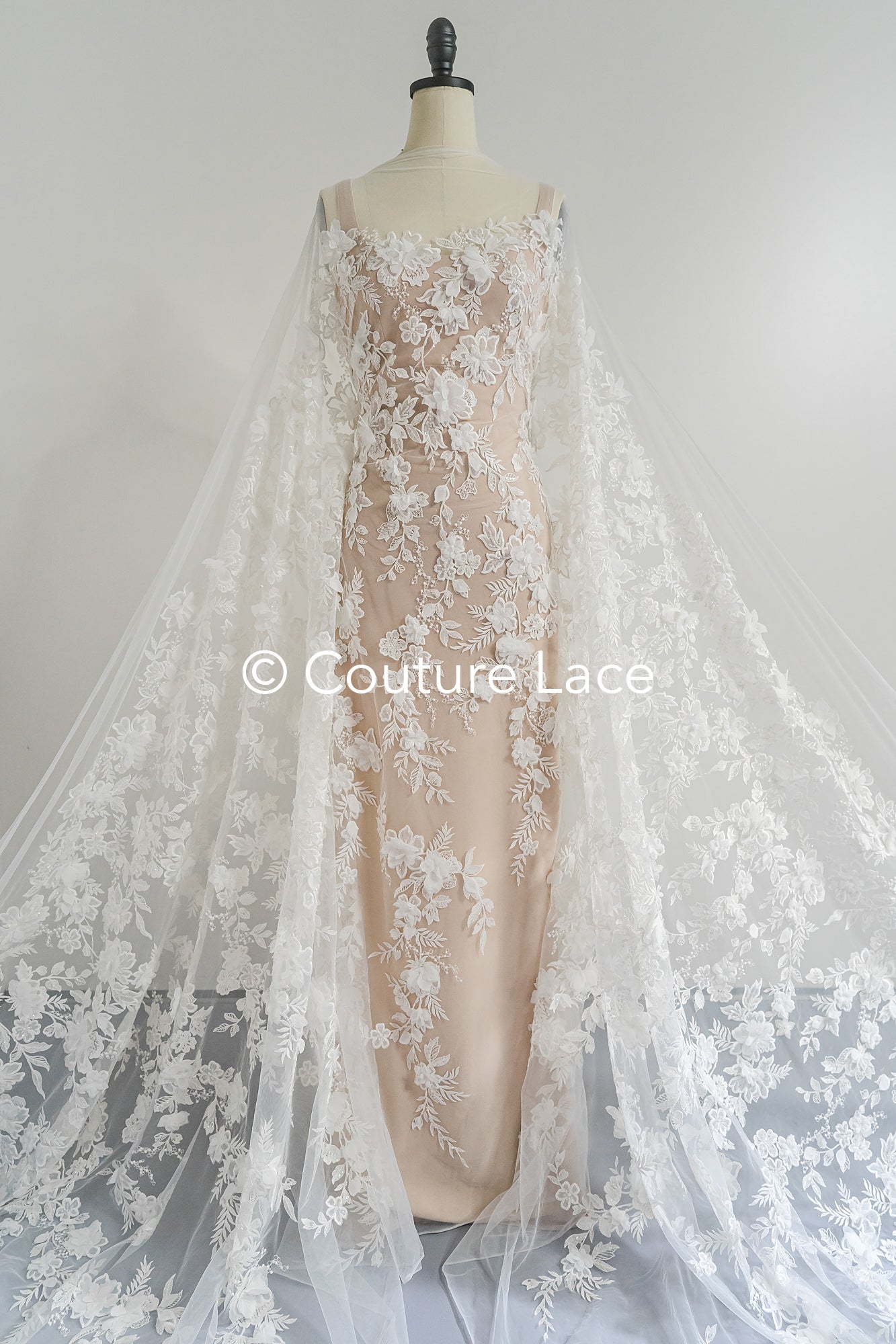 3D flower lace fabric/ French bridal lace fabric/ Romantic floral lace fabric with 3D flowers/ Wedding lace fabric// L24-694