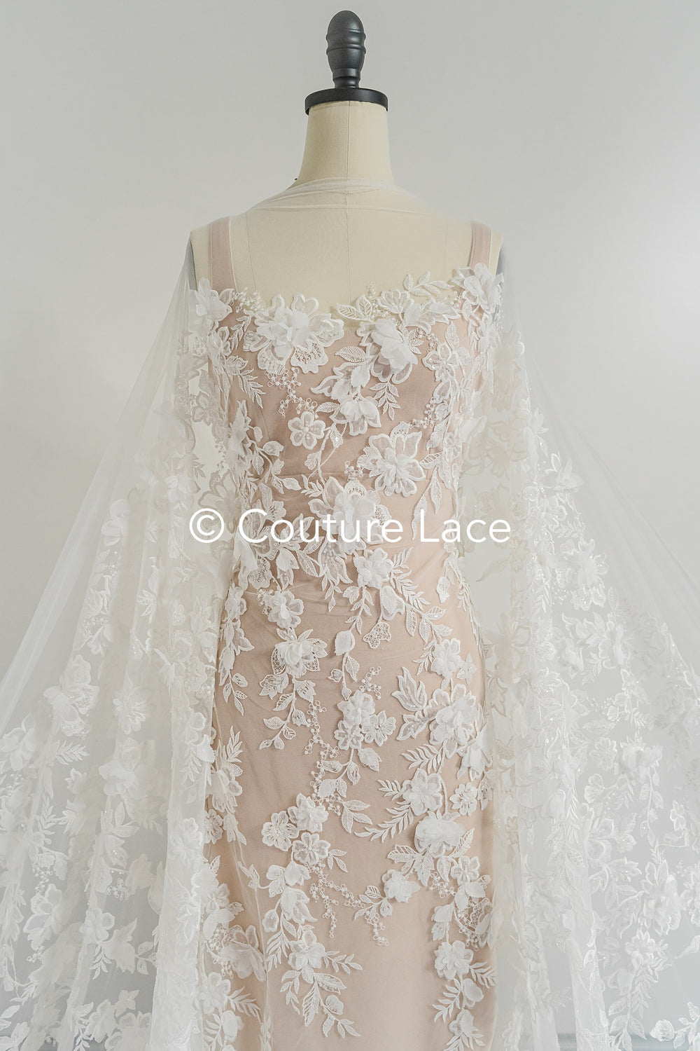 3D flower lace fabric/ French bridal lace fabric/ Romantic floral lace fabric with 3D flowers/ Wedding lace fabric// L24-694