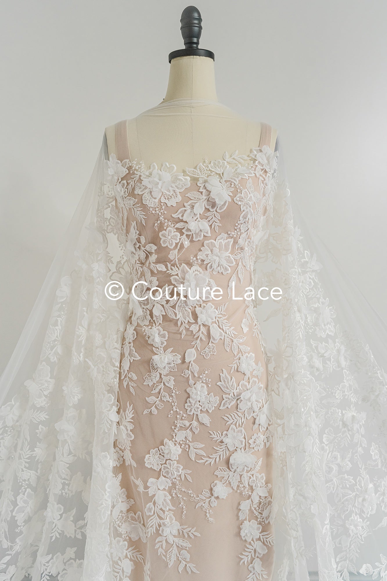 3D flower lace fabric/ French bridal lace fabric/ Romantic floral lace fabric with 3D flowers/ Wedding lace fabric// L24-694