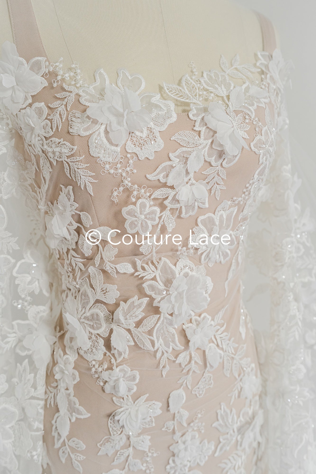 3D flower lace fabric/ French bridal lace fabric/ Romantic floral lace fabric with 3D flowers/ Wedding lace fabric// L24-694