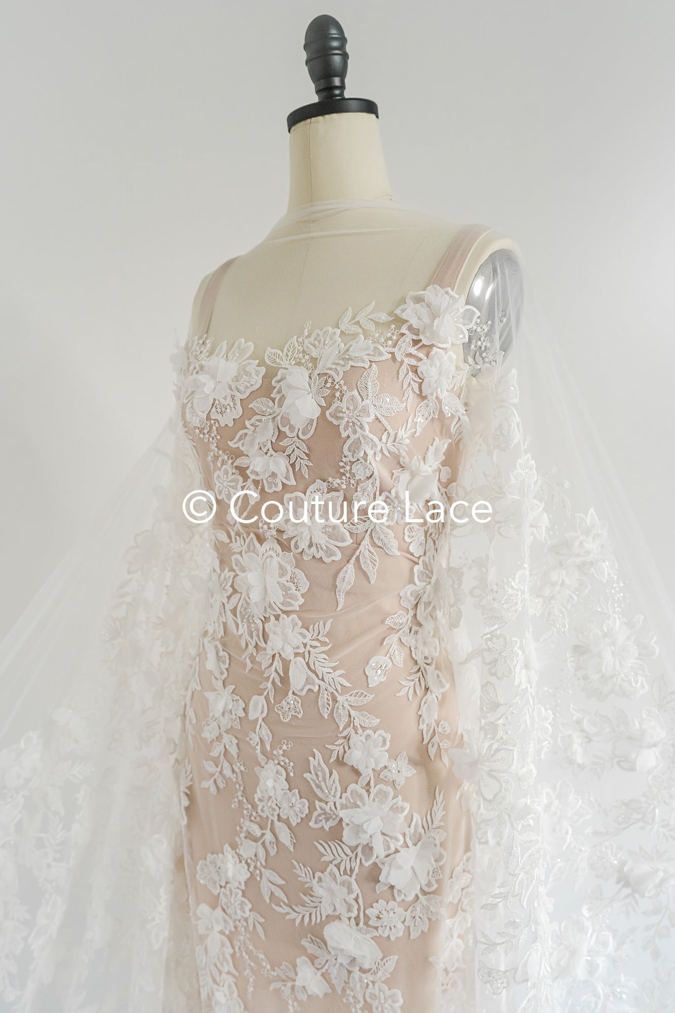 3D flower lace fabric/ French bridal lace fabric/ Romantic floral lace fabric with 3D flowers/ Wedding lace fabric// L24-694