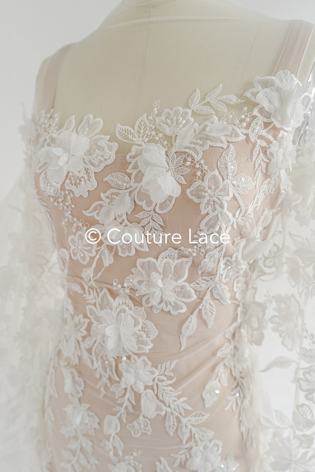 3D flower lace fabric/ French bridal lace fabric/ Romantic floral lace fabric with 3D flowers/ Wedding lace fabric// L24-694