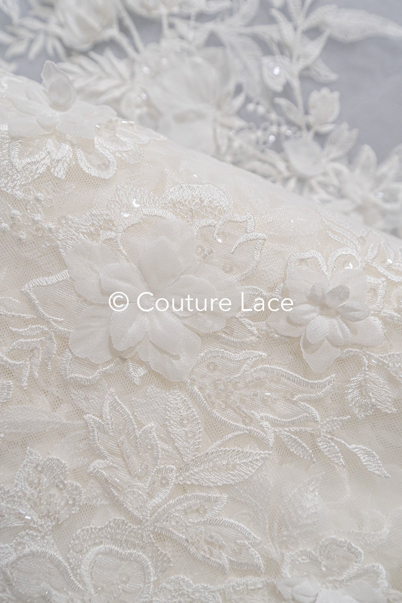3D flower lace fabric/ French bridal lace fabric/ Romantic floral lace fabric with 3D flowers/ Wedding lace fabric// L24-694