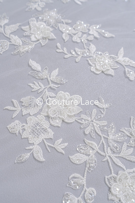 3D Blumen-Spitzenstoff/ Französischer Braut-Spitzenstoff/ Romantischer Blumen-Spitzenstoff mit 3D Blumen/ Hochzeitsspitzenstoff// L24-696