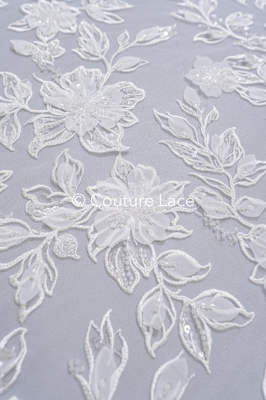 3D Blumen-Spitzenstoff/ Braut-Spitzenstoff/ Romantischer Spitzenstoff mit 3D Blumen// L24-704