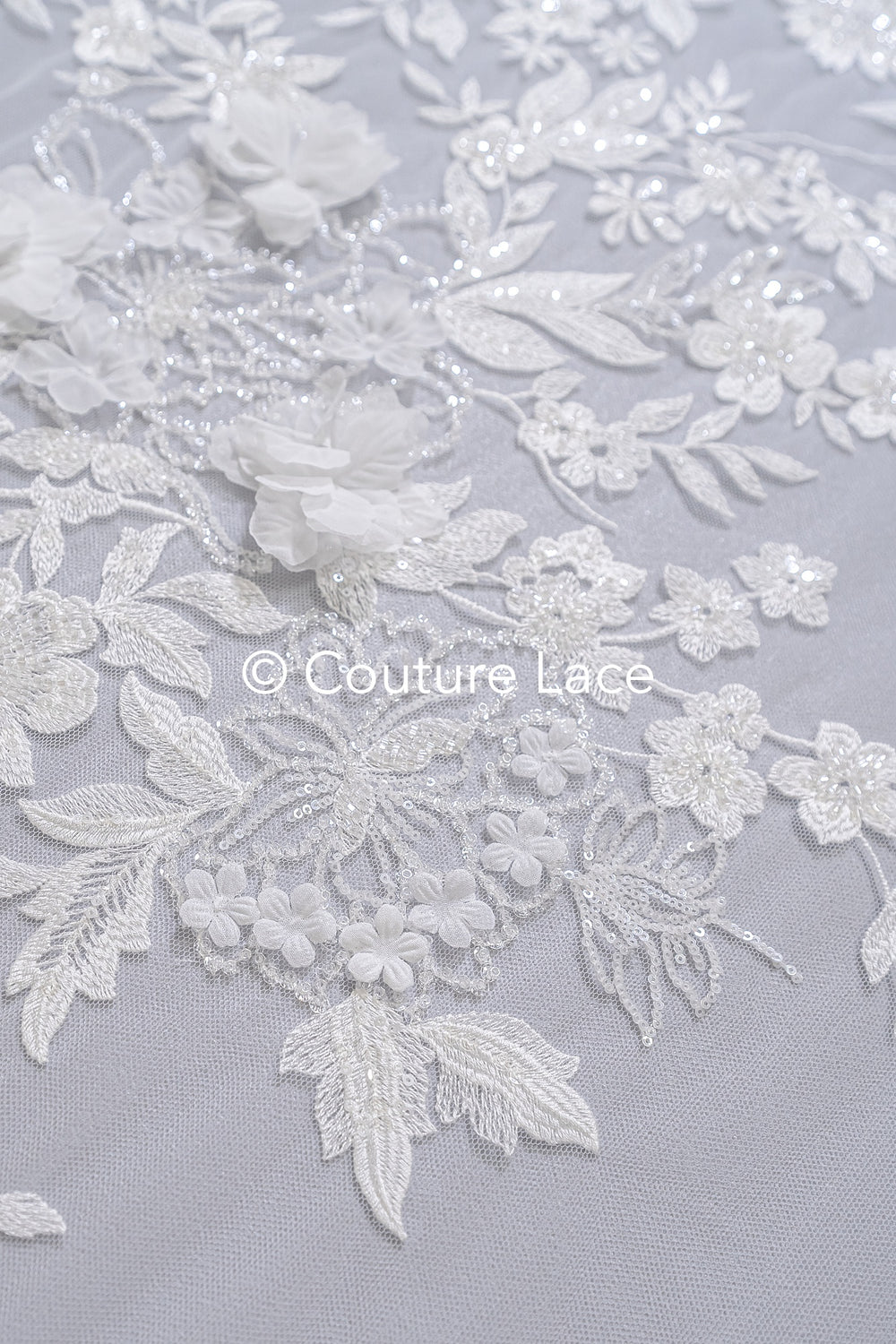 3D flower lace fabric/ bridal lace fabric/ romantic lace fabric with 3D flowers &amp; pearls// L24-705