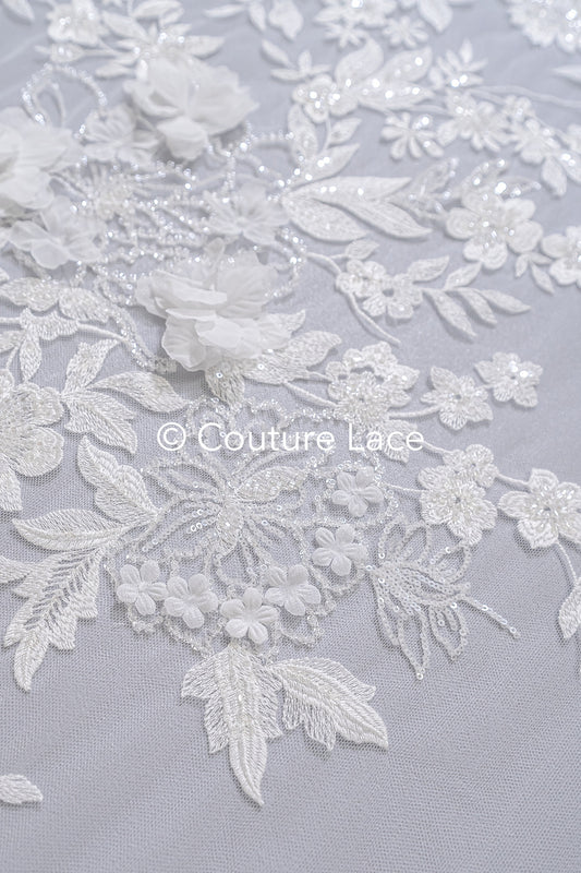 3D Blumen-Spitzenstoff/ Braut-Spitzenstoff/ Romantischer Spitzenstoff mit 3D Blumen & Perlen// L24-705