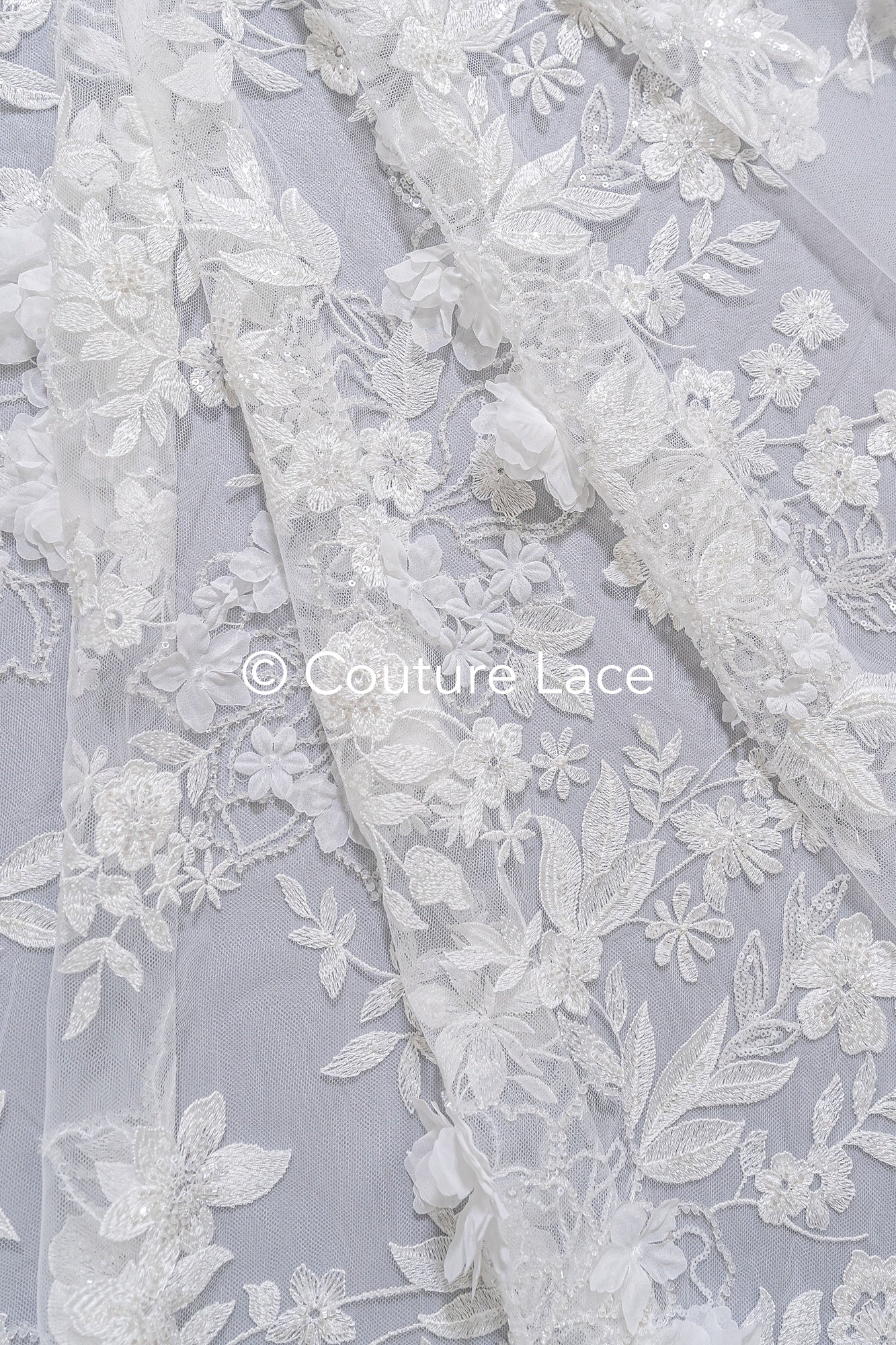 3D flower lace fabric/ bridal lace fabric/ romantic lace fabric with 3D flowers &amp; pearls// L24-705