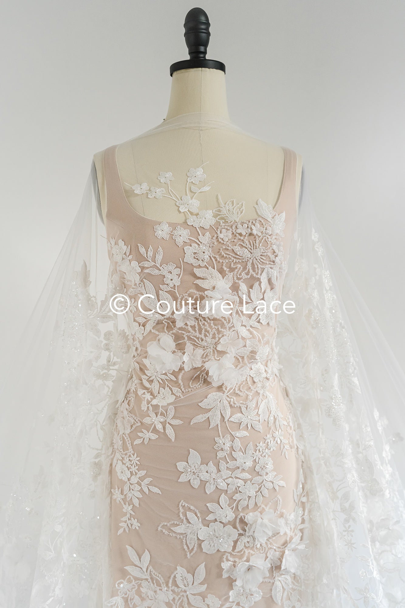3D flower lace fabric/ bridal lace fabric/ romantic lace fabric with 3D flowers &amp; pearls// L24-705