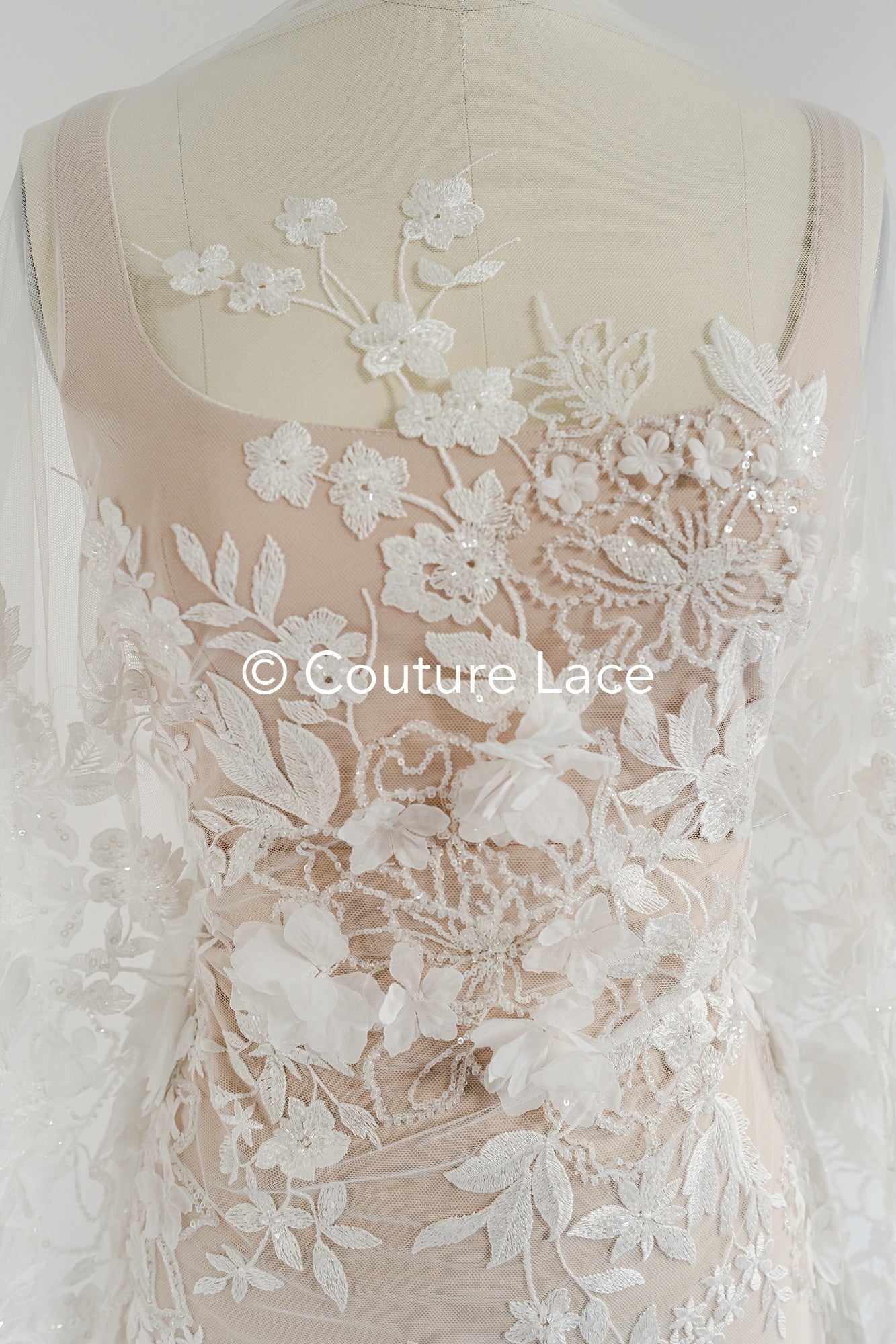 3D flower lace fabric/ bridal lace fabric/ romantic lace fabric with 3D flowers &amp; pearls// L24-705