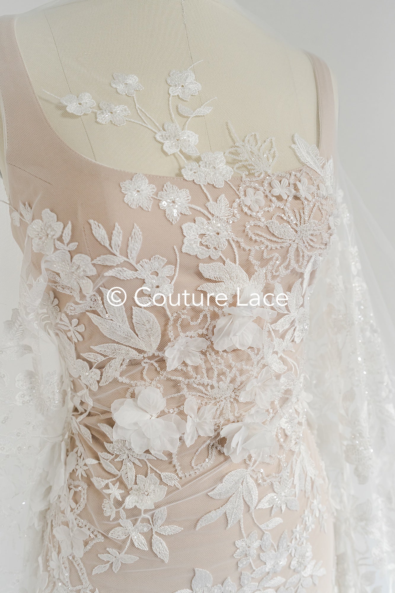 3D flower lace fabric/ bridal lace fabric/ romantic lace fabric with 3D flowers &amp; pearls// L24-705