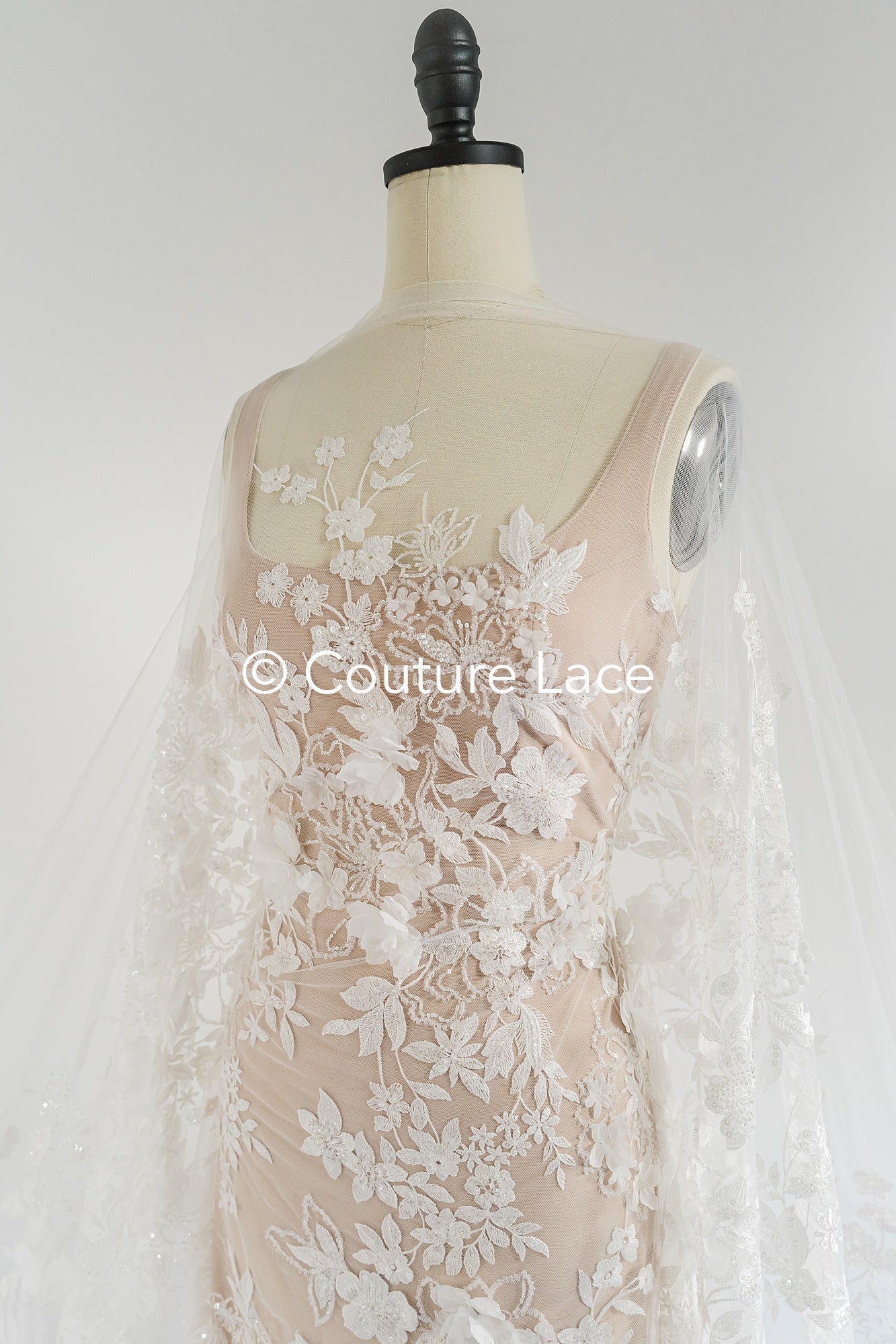 3D flower lace fabric/ bridal lace fabric/ romantic lace fabric with 3D flowers &amp; pearls// L24-705