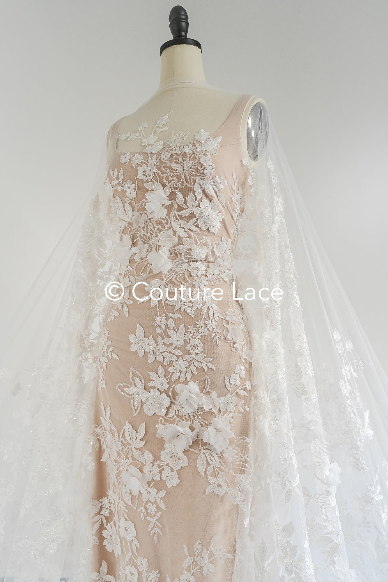 3D flower lace fabric/ bridal lace fabric/ romantic lace fabric with 3D flowers &amp; pearls// L24-705