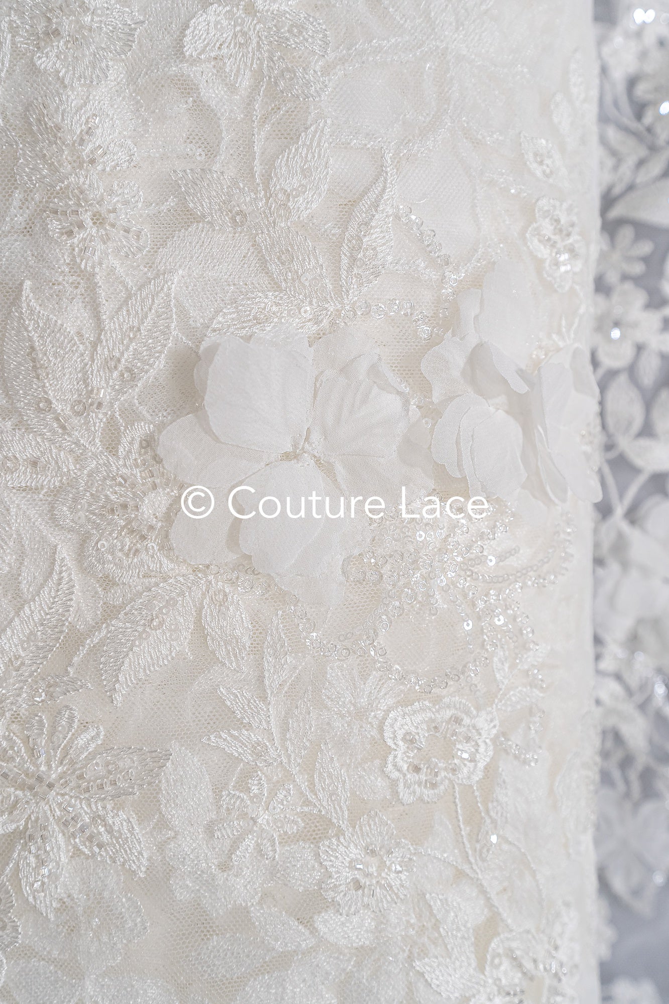 3D flower lace fabric/ bridal lace fabric/ romantic lace fabric with 3D flowers &amp; pearls// L24-705