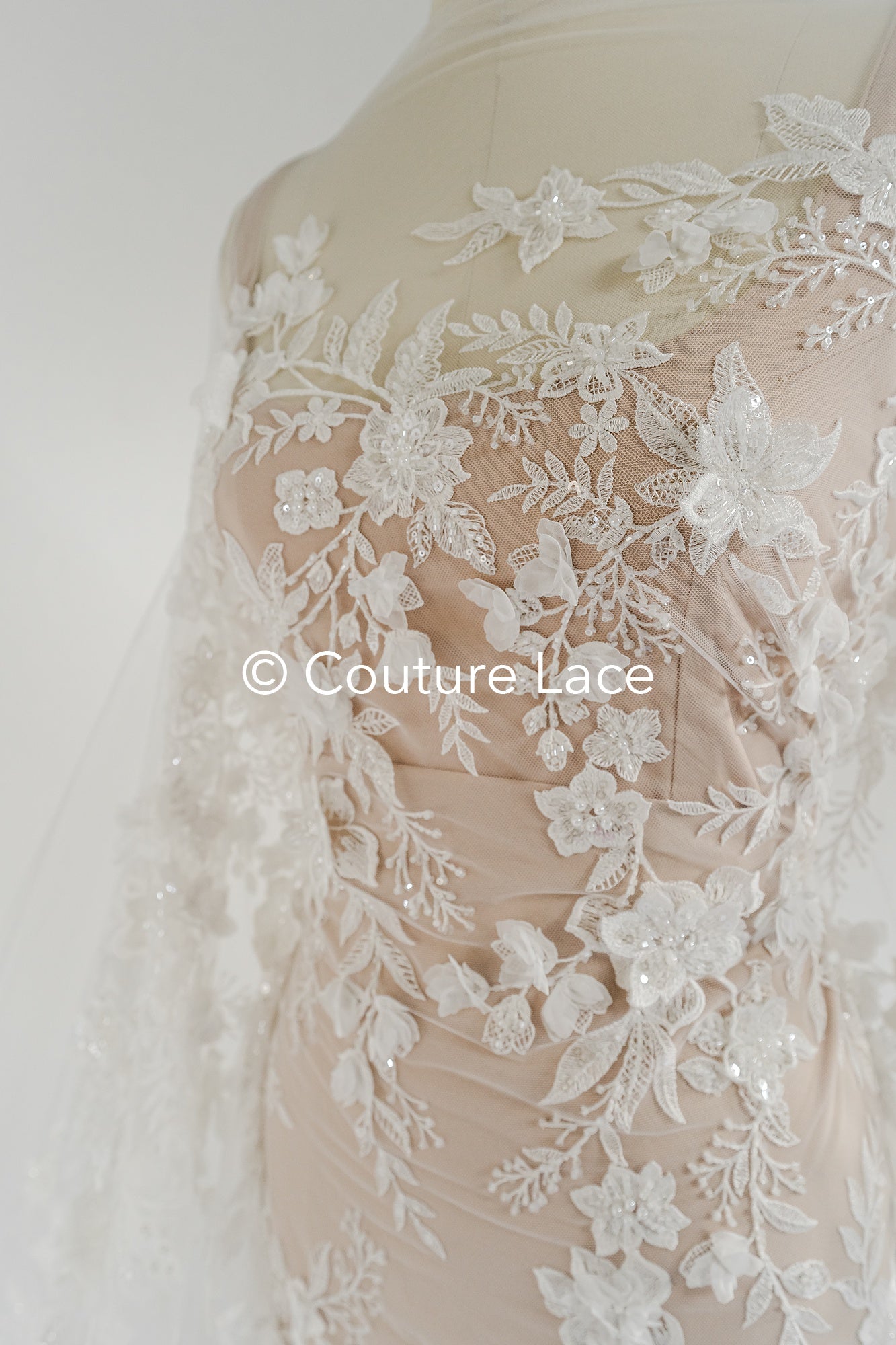 3D flower lace fabric/ bridal lace fabric/ romantic lace fabric with 3D flowers &amp; pearls// L24-706