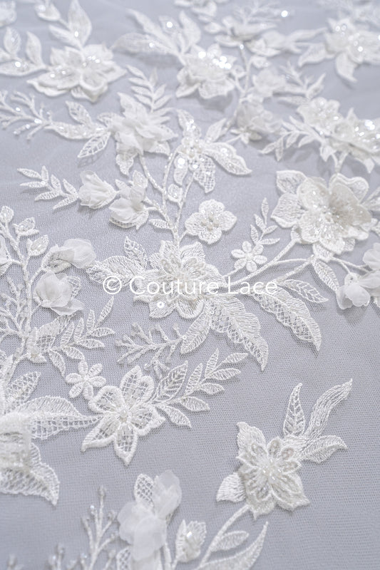3D Blumen-Spitzenstoff/ Braut-Spitzenstoff/ Romantischer Spitzenstoff mit 3D Blumen & Perlen// L24-706