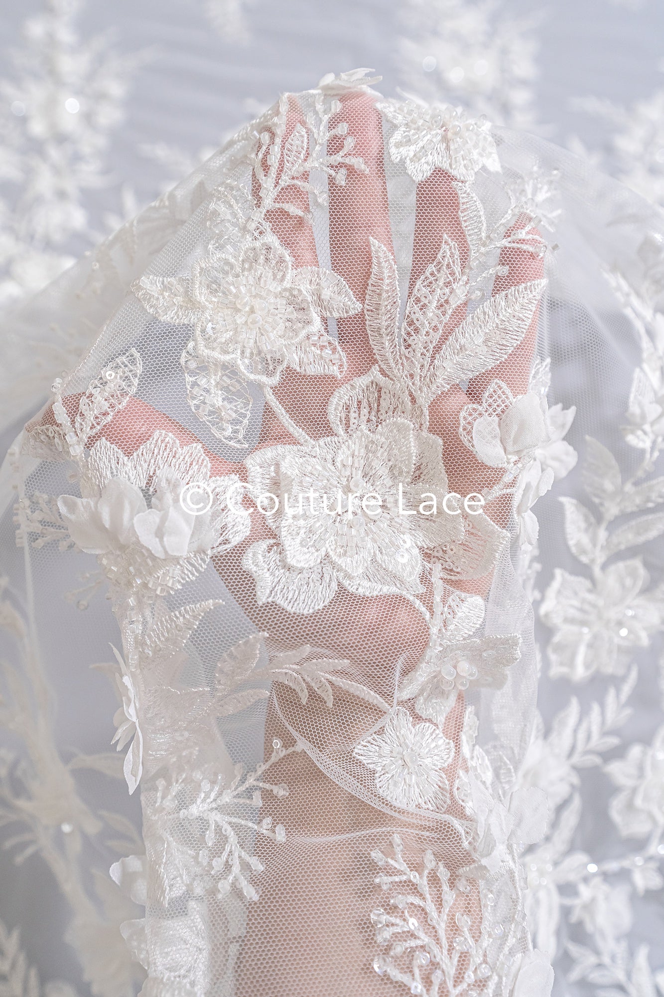 3D flower lace fabric/ bridal lace fabric/ romantic lace fabric with 3D flowers &amp; pearls// L24-706