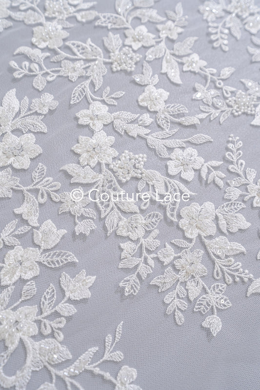 Perlen-Spitzenstoff/ Couture-Spitzenstoff/ Braut-Spitzenstoff Weiß Off-White/ Perlen-Spitzenstoff// L24-707