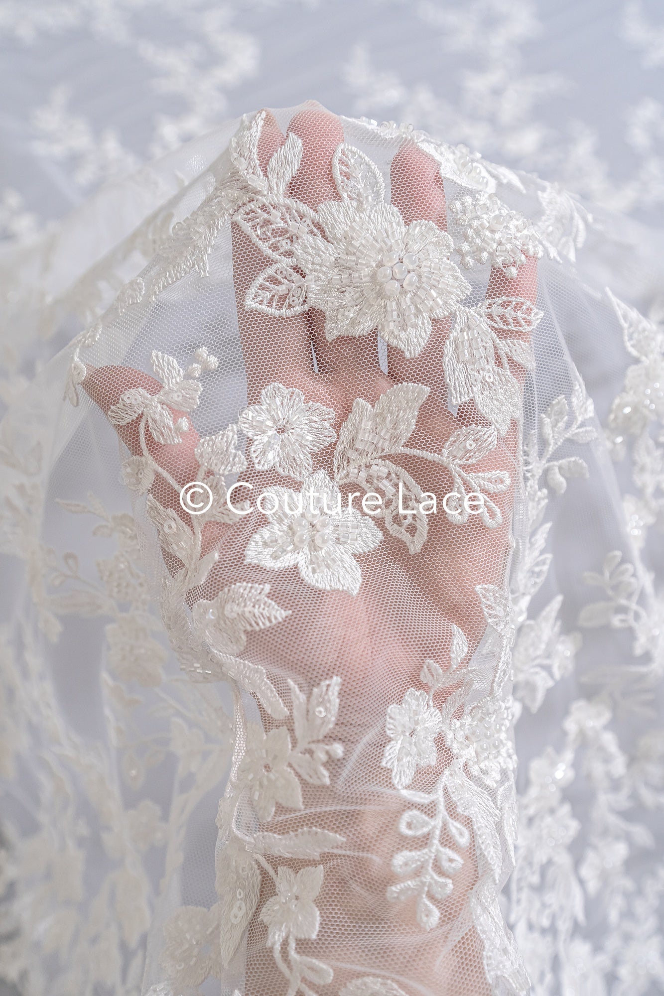 Beaded Lace Fabric/ Couture Lace Fabric/ Bridal Lace Fabric White Off- Beaded Lace Fabric/ Couture Lace Fabric/ Bridal Lace Fabric White Off-