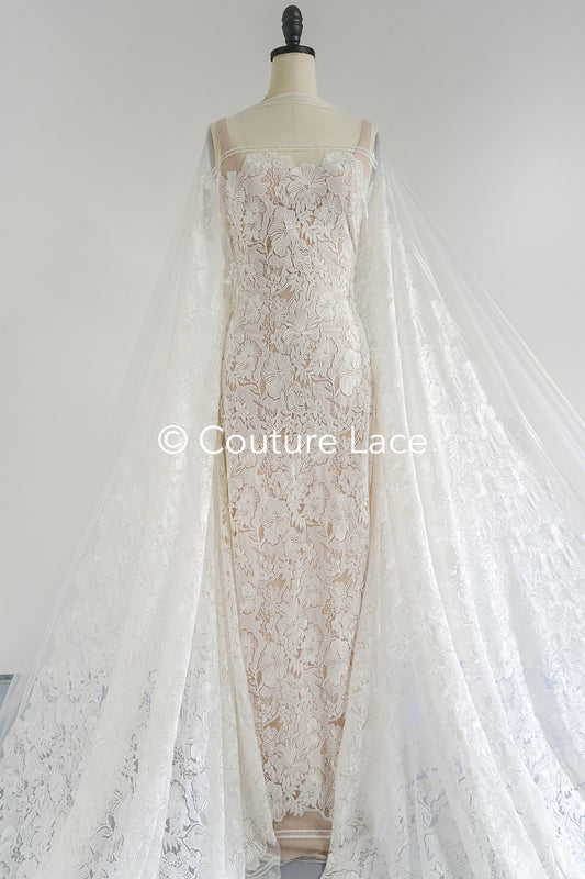 Floral Bridal Lace/ Bridal Lace Fabric/ Off-White Bridal Lace/ Embroidered Wedding Lace/ Couture Lace/ L24-709