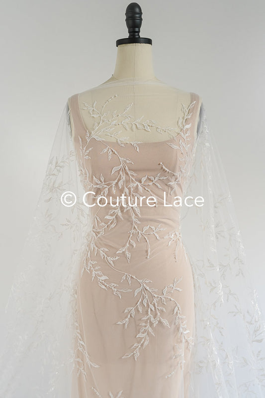 Floral bridal lace embroidered with pearls – floral bridal fabric embroidery for wedding dresses // L25-713