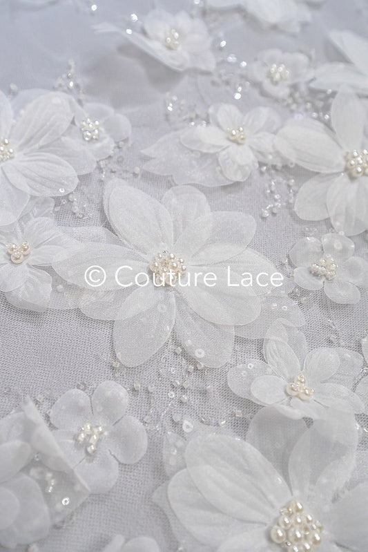 Dentelle florale luxueuse pour robes de mariée avec fleurs 3D faites à la main // L25-718