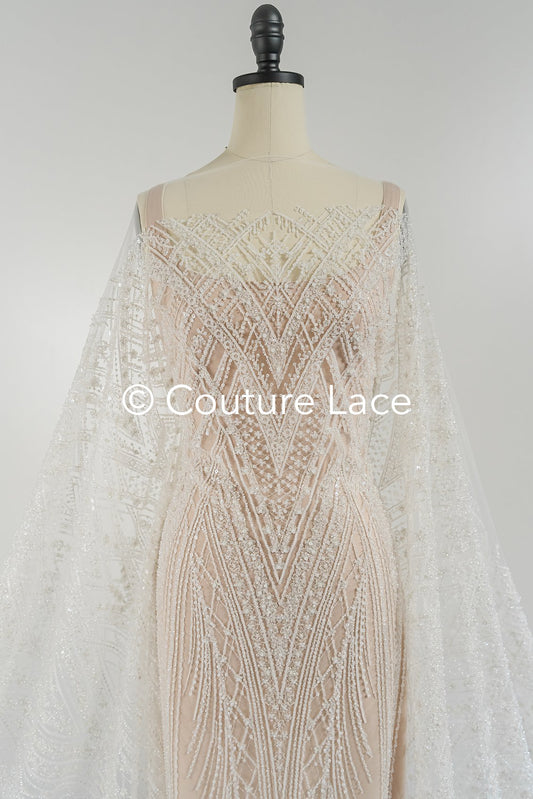 Geometrische Perlenbestickte Brautspitze/ Luxuriöse Perlenspitze für Brautkleider // L25-730