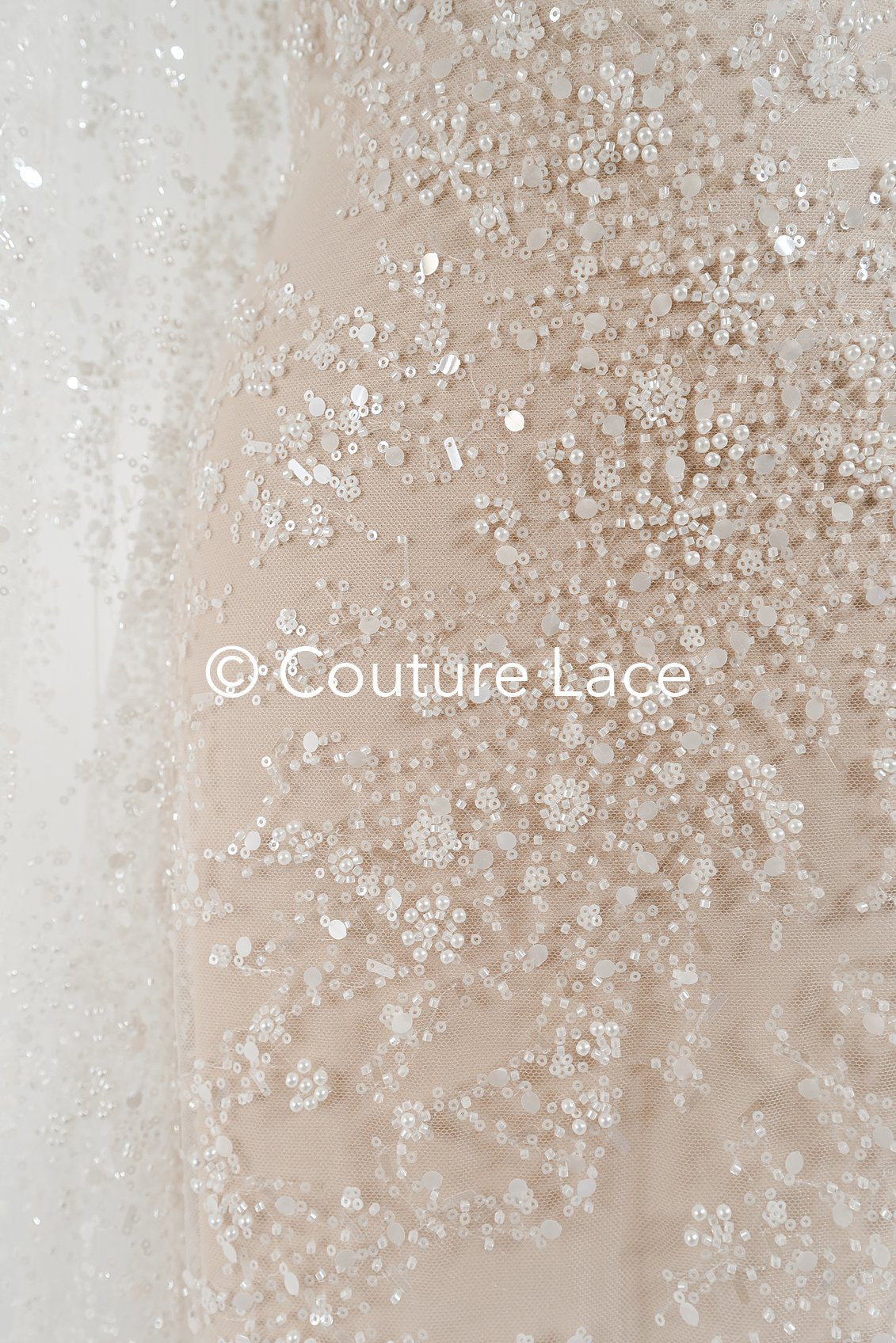 Perlenbestickte Brautspitze/ Perlenstickerei für Brautkleider/ Brautstoffe  // L25-733