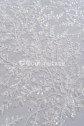 Beaded bridal lace with delicate leaf pattern, bridal fabric with beaded embroidery for wedding dresses // L25-739
