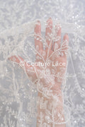 Beaded bridal lace with delicate leaf pattern, bridal fabric with beaded embroidery for wedding dresses // L25-739