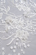 Beaded bridal lace with floral pattern and 3D flowers/ Bridal fabric with bead embroidery for wedding dresses // L25-740