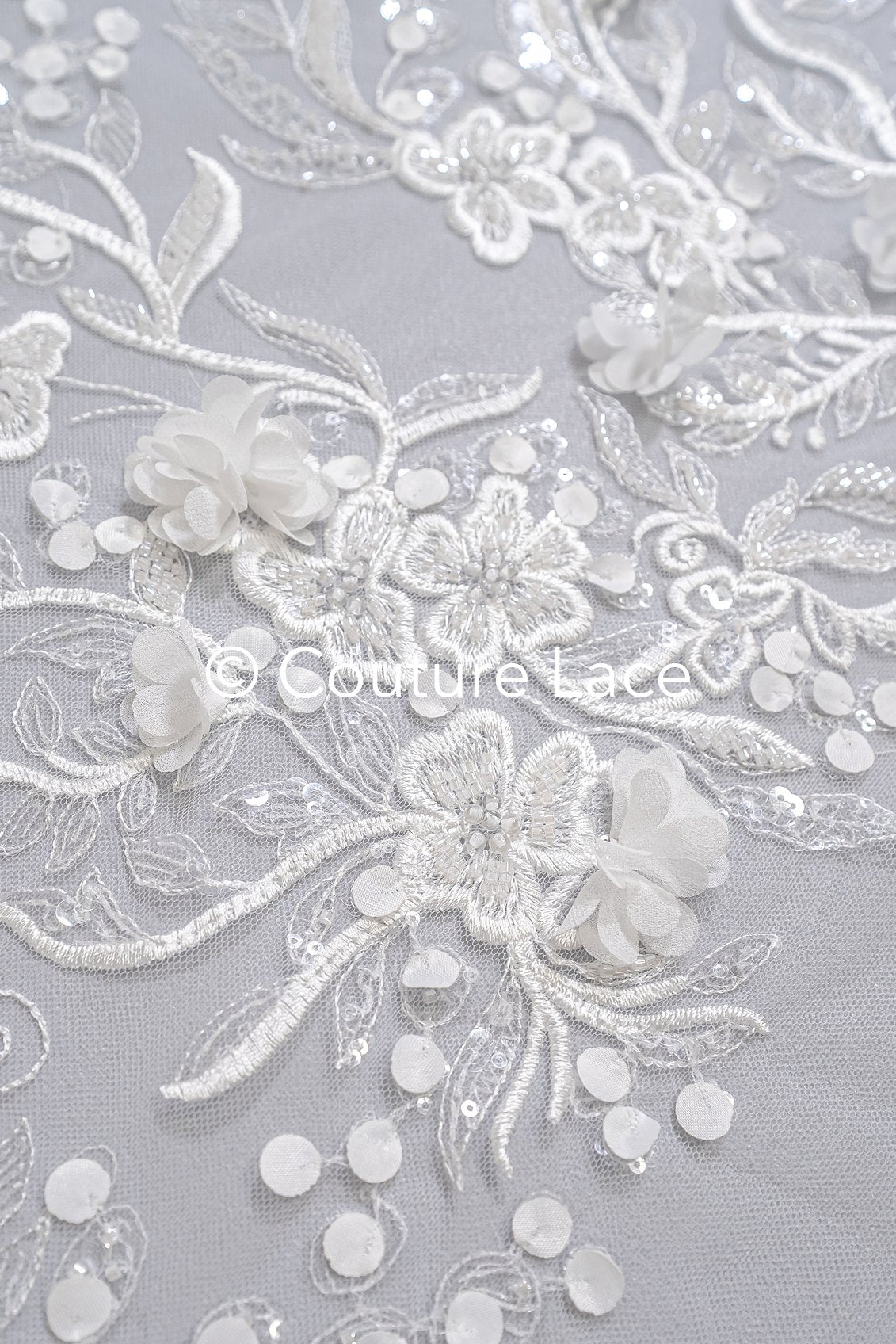 Beaded bridal lace with floral pattern and 3D flowers/ Bridal fabric with bead embroidery for wedding dresses // L25-740