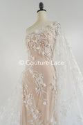 Beaded bridal lace with floral pattern and 3D flowers/ Bridal fabric with bead embroidery for wedding dresses // L25-740