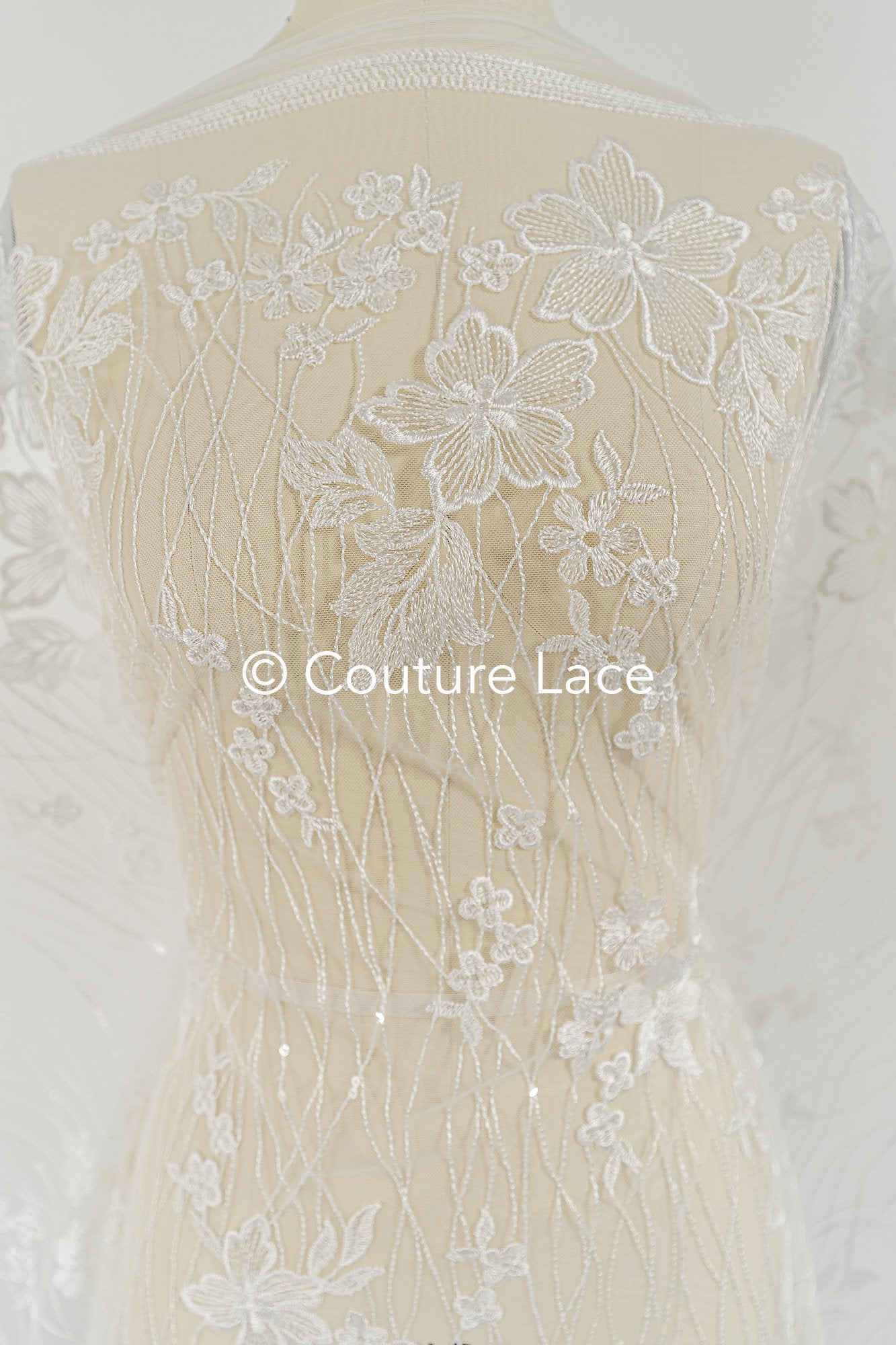 Soft bridal lace fabric with sequins and floral pattern, floral bridal lace // L25-770