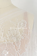 Floral lace embroidery with pearls, shiny floral bridal lace // L25-791