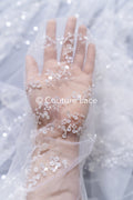 Beaded bridal lace / bridal fabric with embroidery / beaded lace on glitter tulle // L25-837