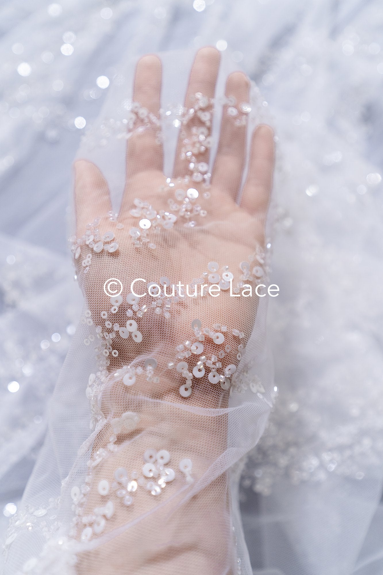 Beaded bridal lace / bridal fabric with embroidery / beaded lace on glitter tulle // L25-837