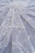 Beaded bridal lace on glitter tulle / Bridal fabric with embroidery / Beaded lace on glitter tulle // L25-838