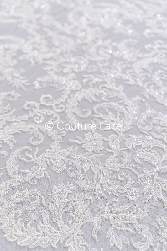 Bordado de perlas pesado y lujoso / Encaje nupcial con patrón simétrico // L26-072