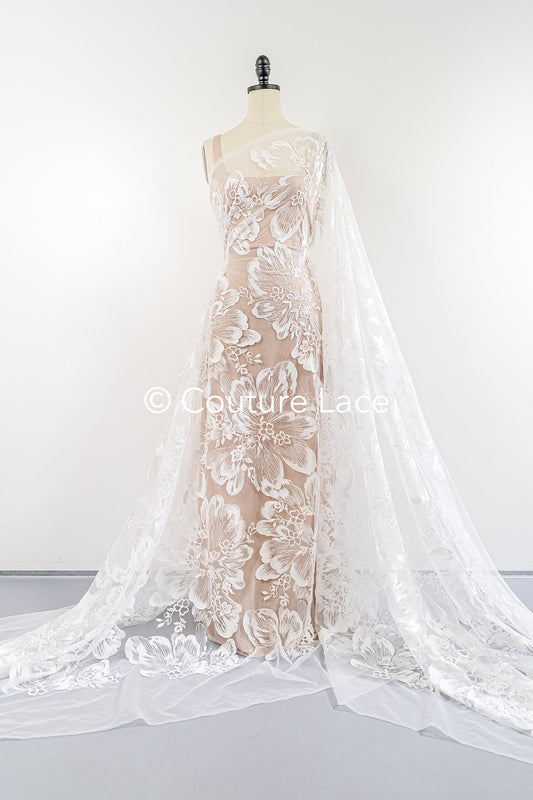 Braut Spitzenstoff mit Blumenmuster, Hochwertiger Spitzen Stoff für Brautkleider // L25-340