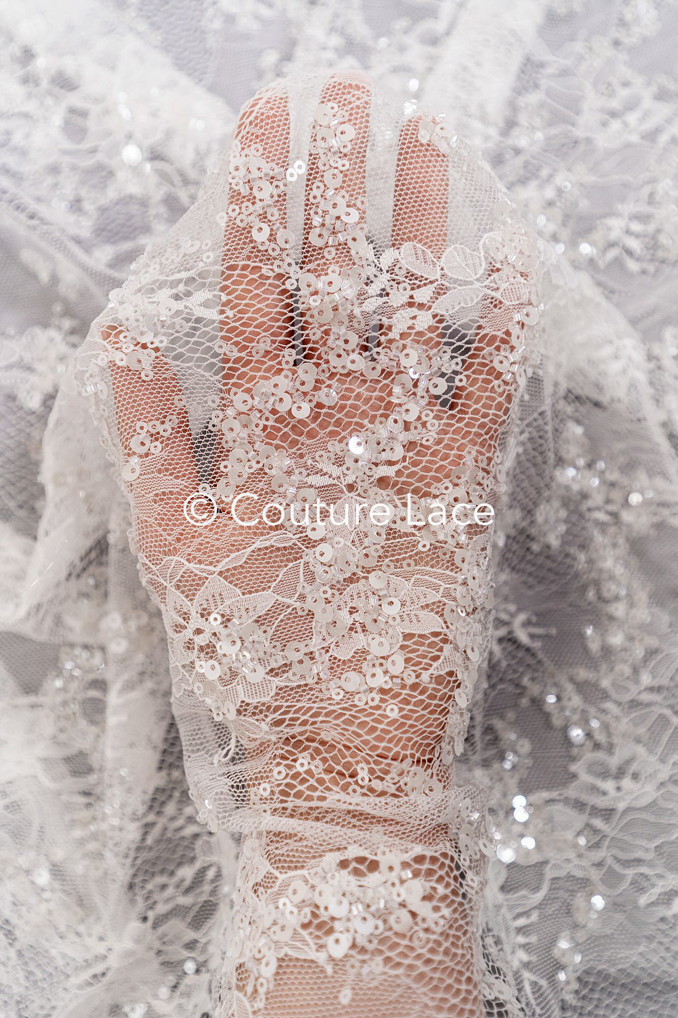 Encaje nupcial bordado con perlas sobre fino encaje francés / Encaje nupcial de alta calidad con perlas // L25-348