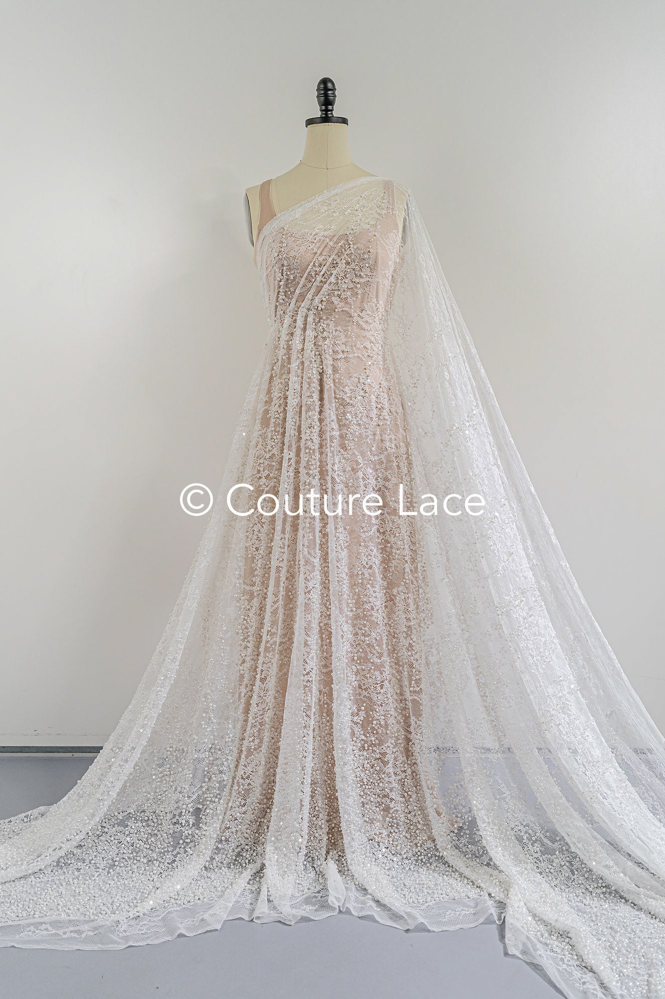 Encaje nupcial bordado con perlas sobre fino encaje francés / Encaje nupcial de alta calidad con perlas // L25-407