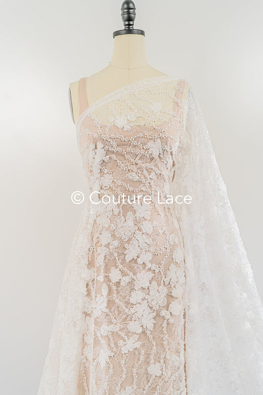 Dentelle de mariée 3D brodée de perles sur dentelle française fine / Dentelle de mariée perlée de haute qualité // L25-617