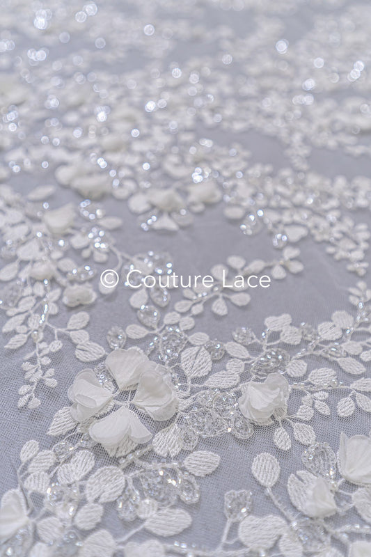 Tejido de encaje con flores 3D color blanco roto / encaje nupcial / encaje romántico con flores 3D / tejido de encaje para bodas // L25-664B