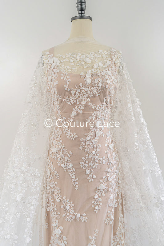 Tejido de encaje con flores 3D color blanco roto / encaje nupcial / encaje romántico con flores 3D / tejido de encaje para bodas // L25-664B