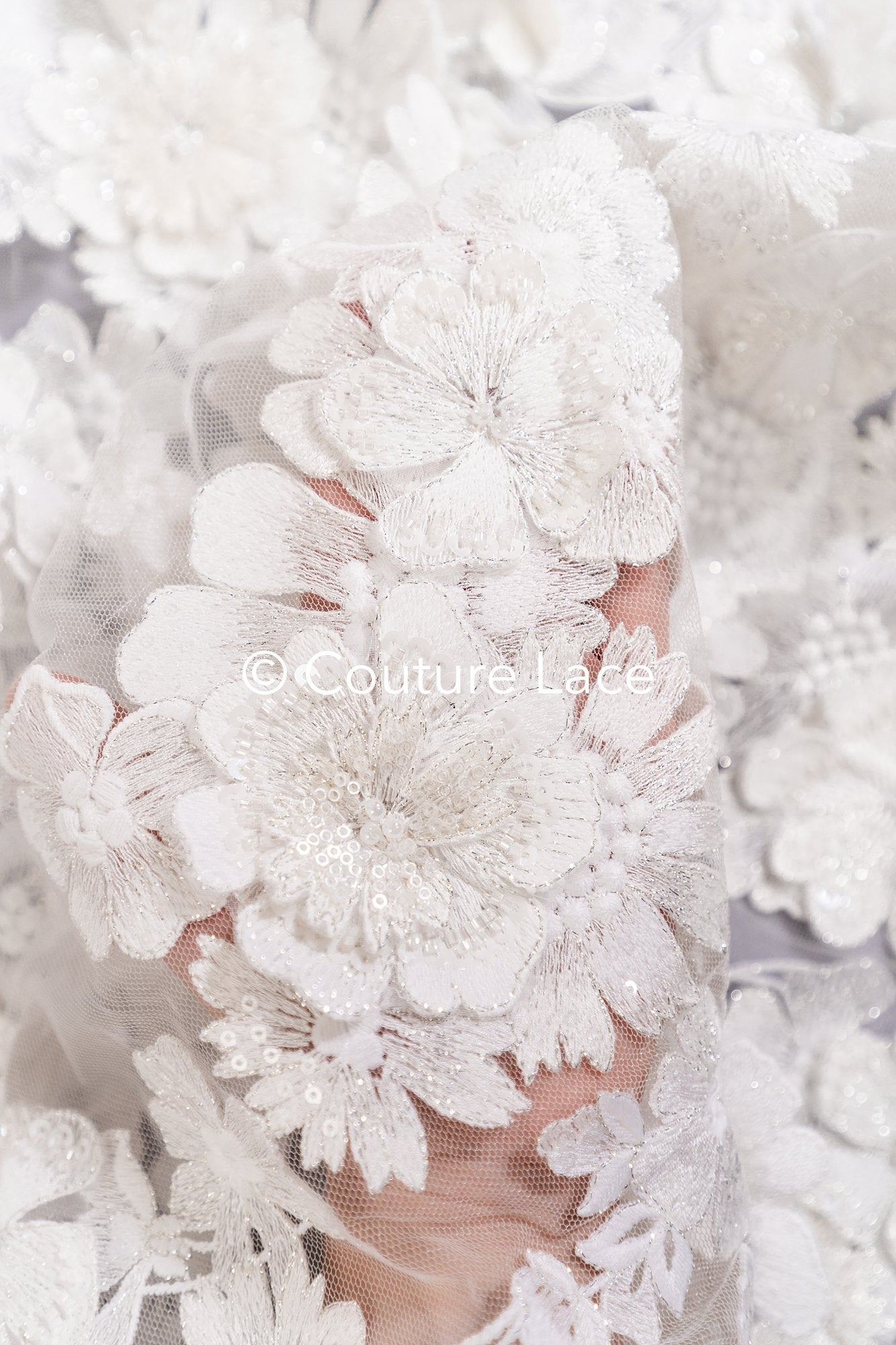 3D Blüten Spitze für Brautkleider/ Luxus Brautspitze mit 3D Blumen/ Brautspitze // L25-862