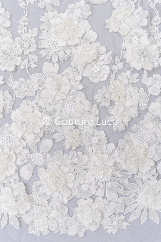 3D Blüten Spitze für Brautkleider/ Luxus Brautspitze mit 3D Blumen/ Brautspitze // L25-862