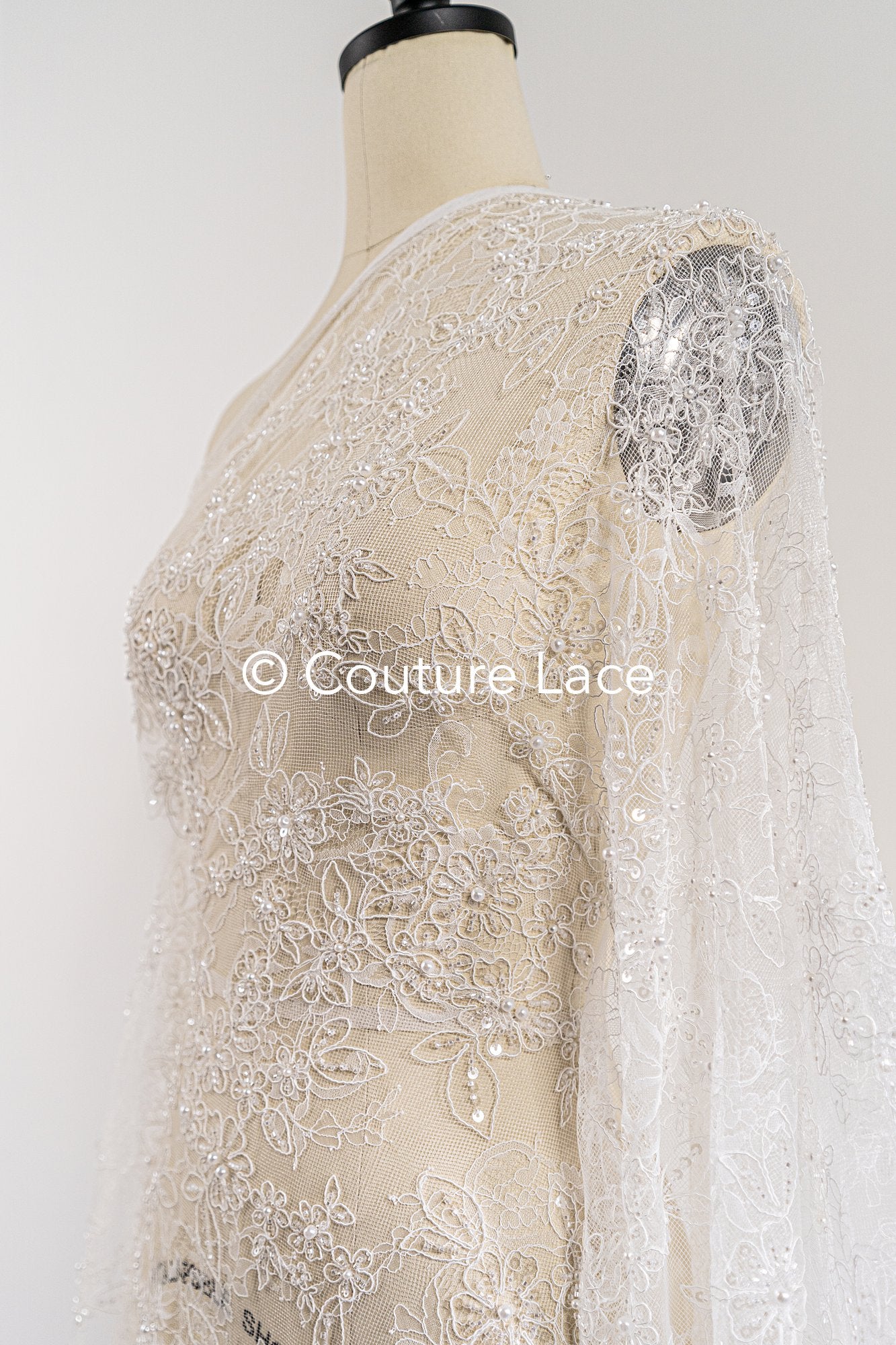 Pearl-embroidered bridal lace on fine French lace / High-quality pearl bridal lace // L26-006B