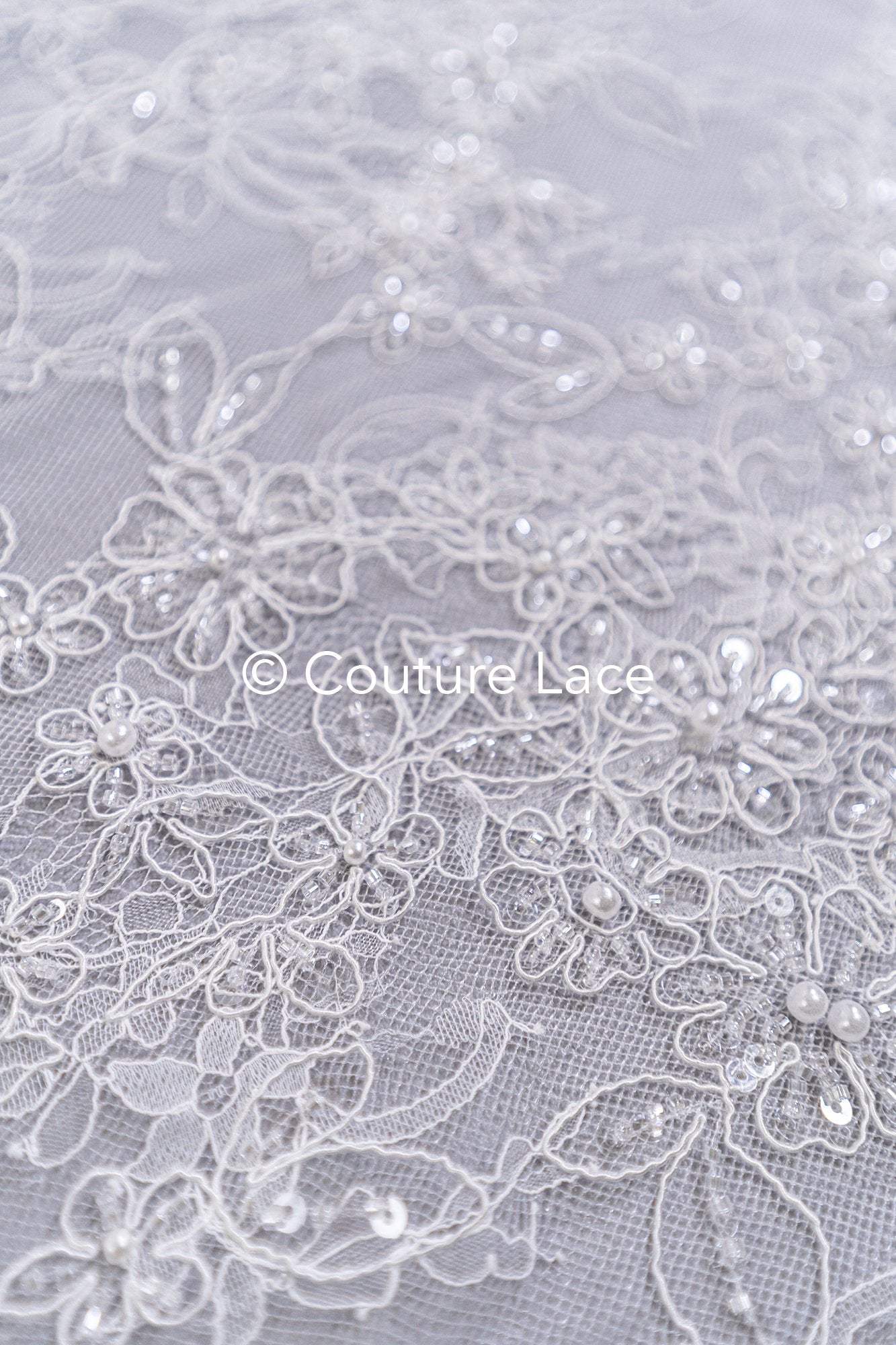 Pearl-embroidered bridal lace on fine French lace / High-quality pearl bridal lace // L26-006B
