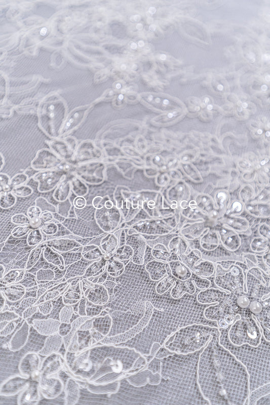 Pearl-embroidered bridal lace on fine French lace / High-quality pearl bridal lace // L26-006B